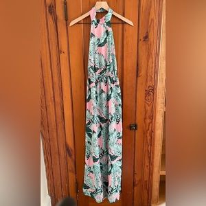 Boohoo Size 4 Pink and Green Tropical Print Backless Halter Maxi Dress